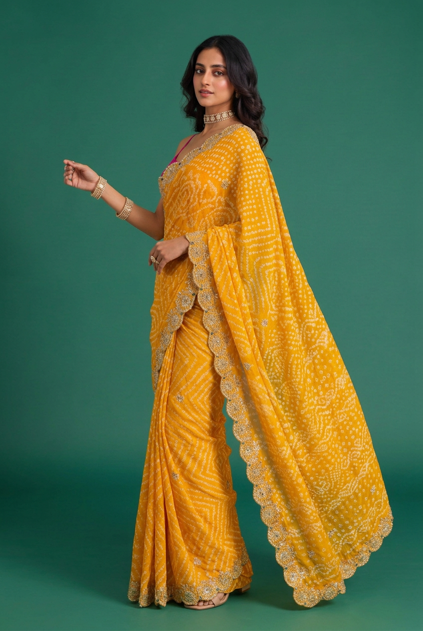 Bandhej Crepe Saree with Gota Patti, Beads work.