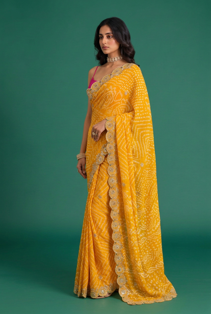 Bandhej Crepe Saree with Gota Patti, Beads work.