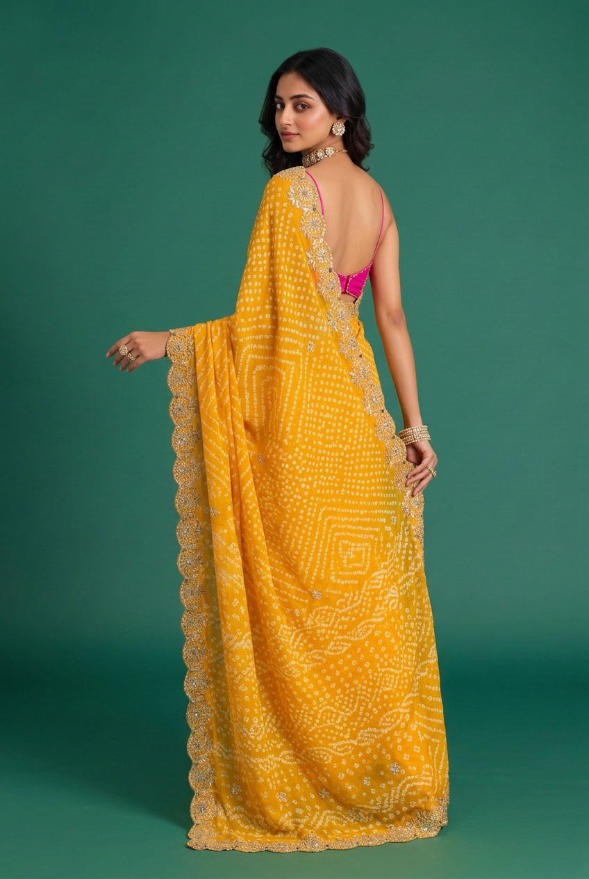 Bandhej Crepe Saree with Gota Patti, Beads work.