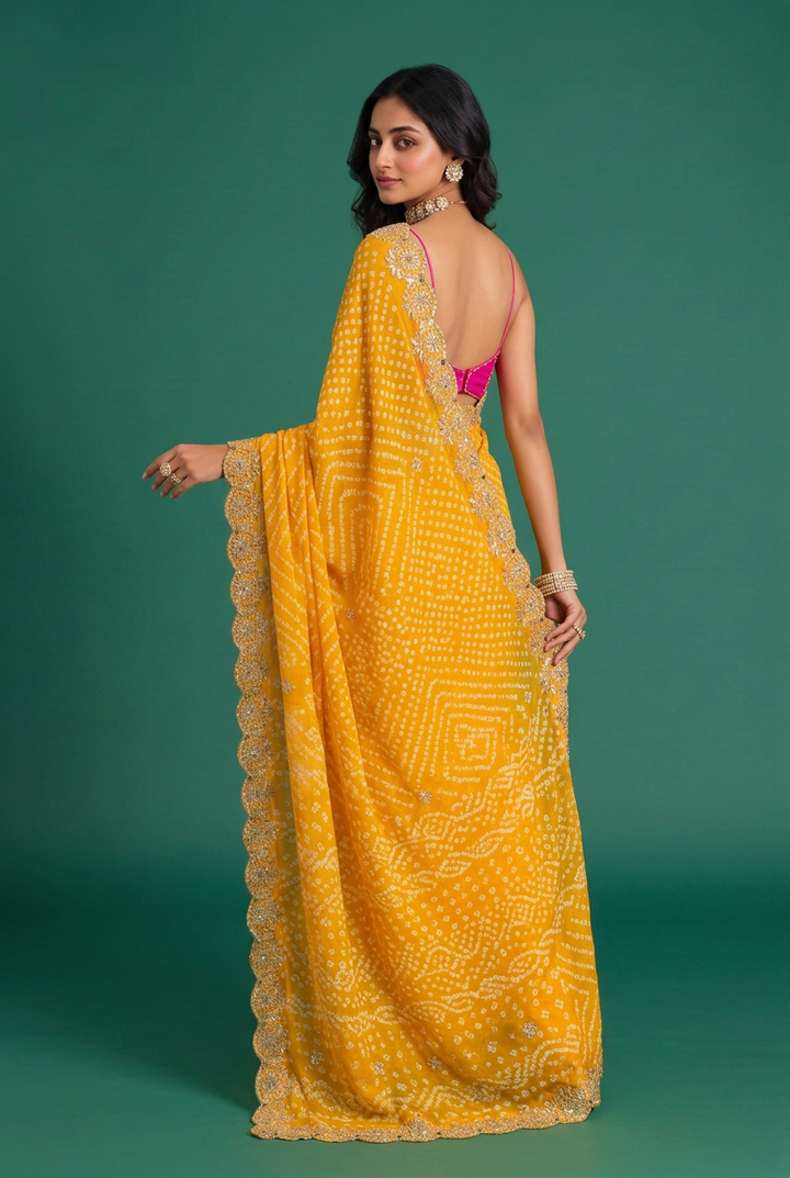 Bandhej Crepe Saree with Gota Patti, Beads work.