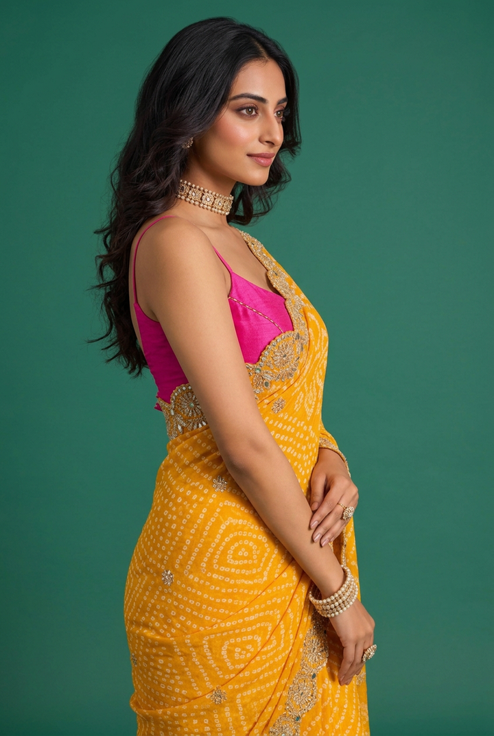 Bandhej Crepe Saree with Gota Patti, Beads work.