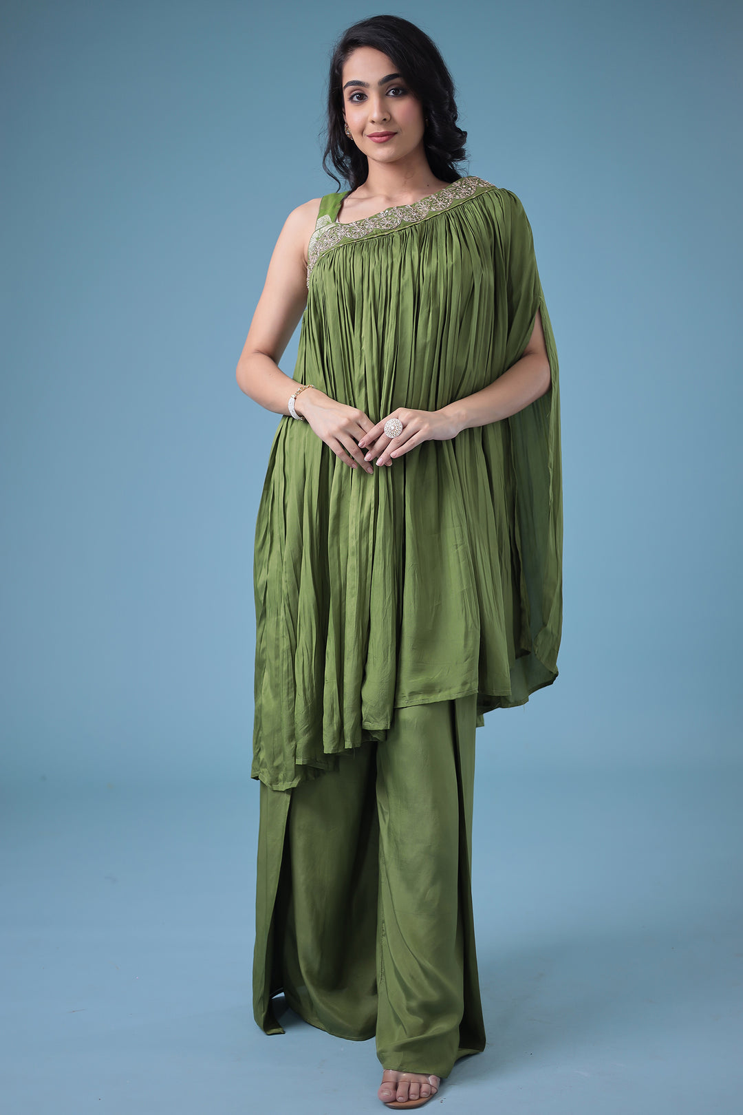 Exquisite Crop Top with Palazzo and a Draping Skirt Embellished