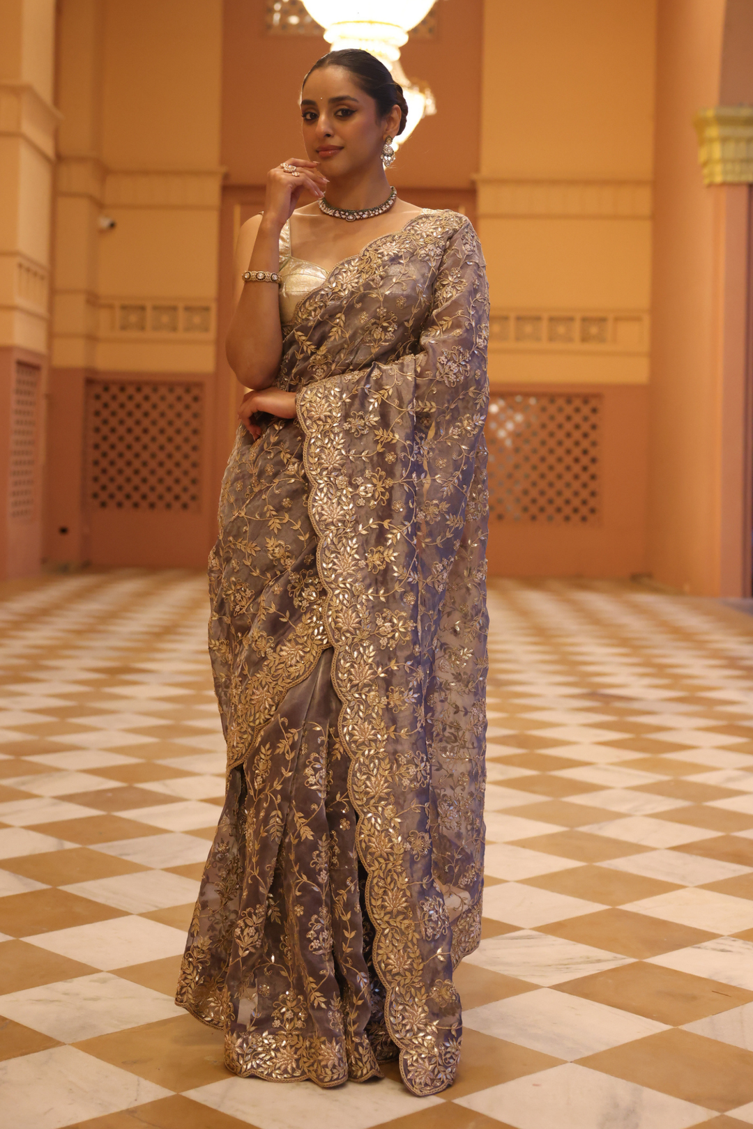 Tissue Saree with Dori, Pearl, Sequins, Zardozi work.