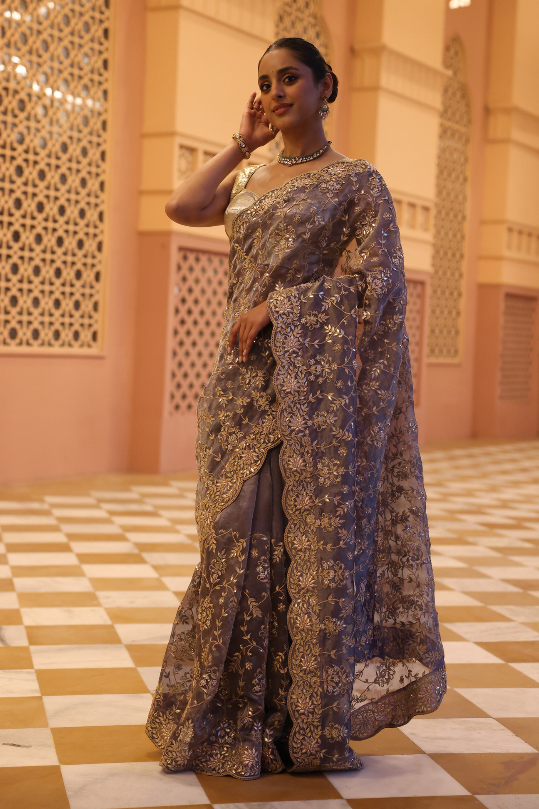 Tissue Saree with Dori, Pearl, Sequins, Zardozi work.