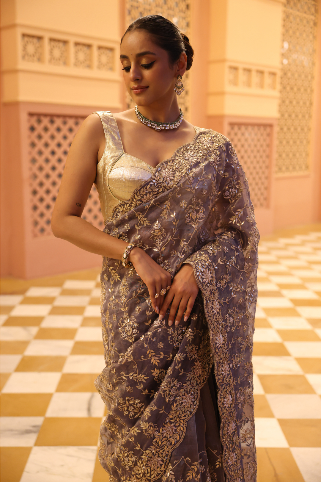 Tissue Saree with Dori, Pearl, Sequins, Zardozi work.
