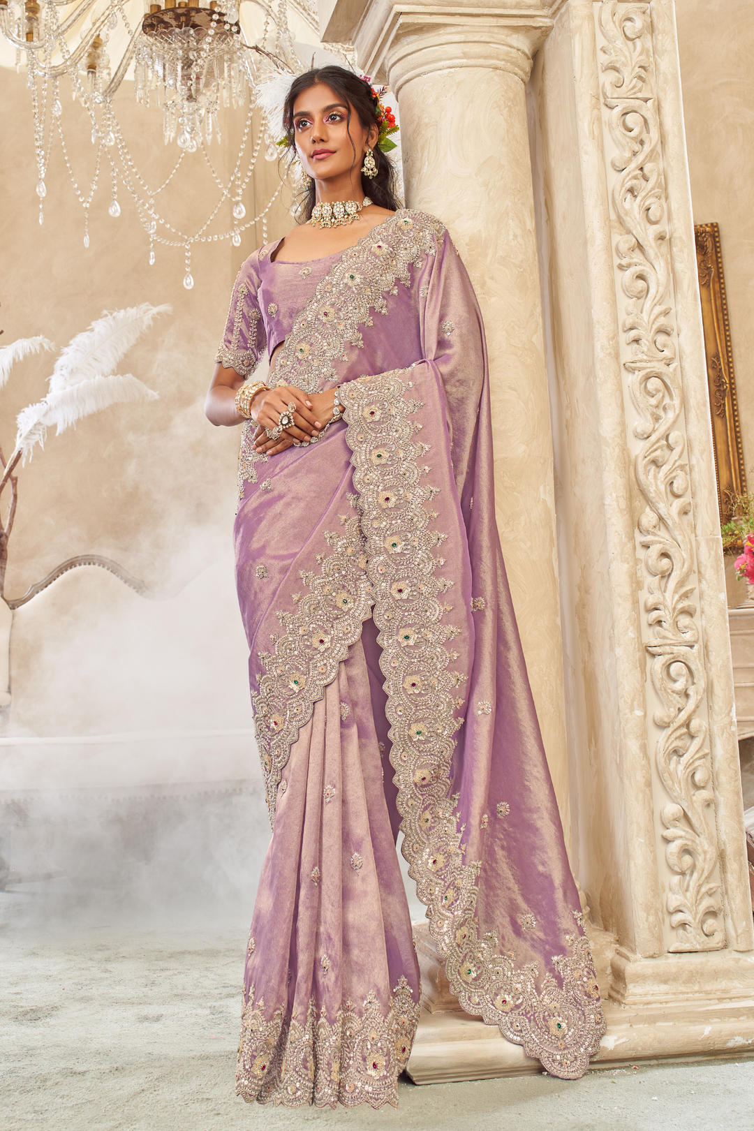 Tissue Saree with Zardozi, Dori, Sequins And Stone Work