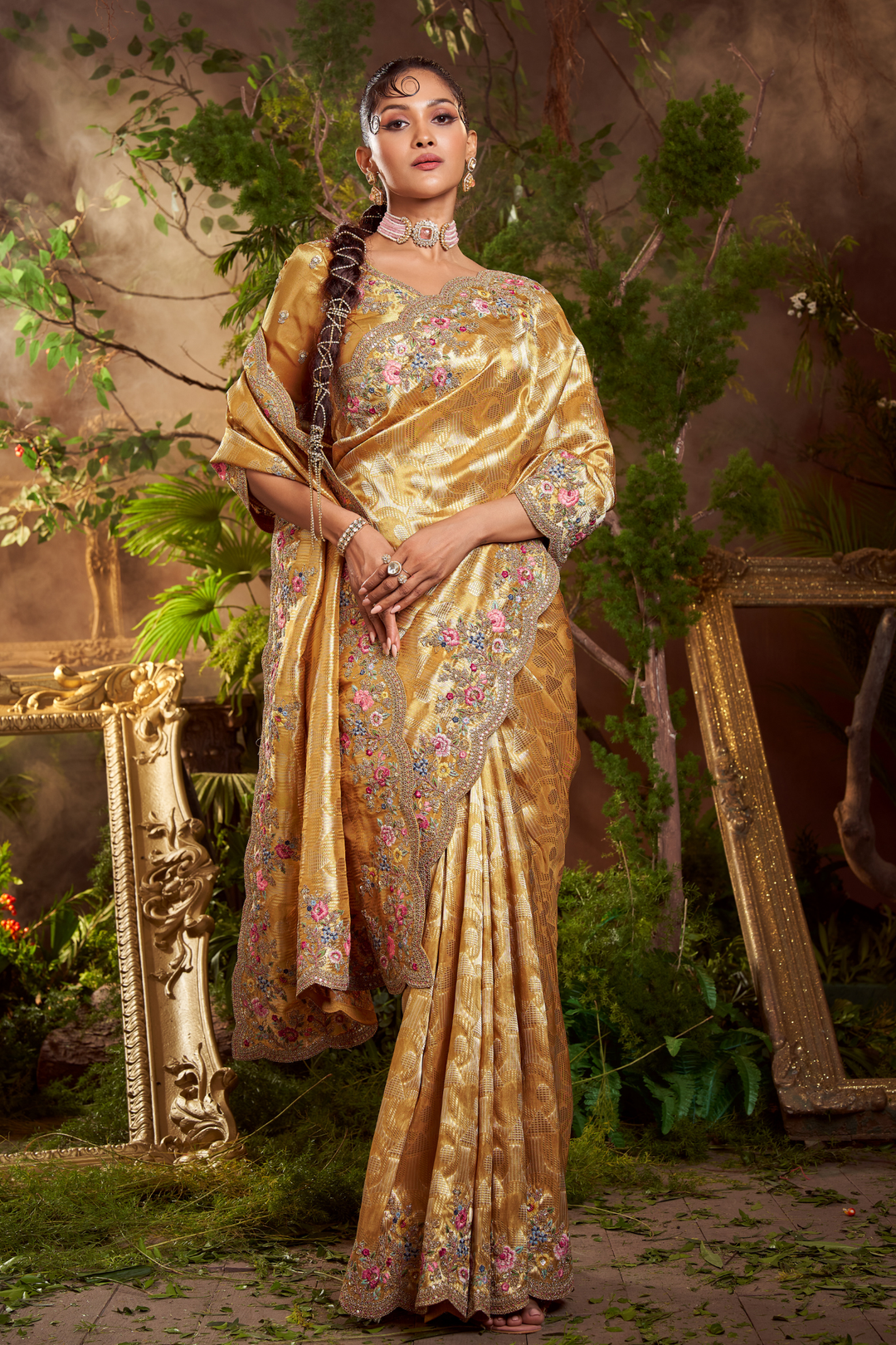 Tissue Banarasi Saree with Zardozi, Dori, Sequins And Stone Work