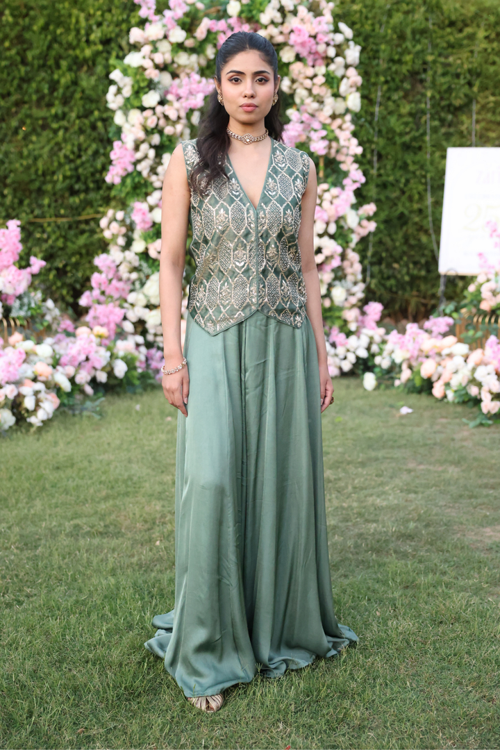 Tissue Indowestern with Aari, Gota Patti, Sequins, Zardozi work.