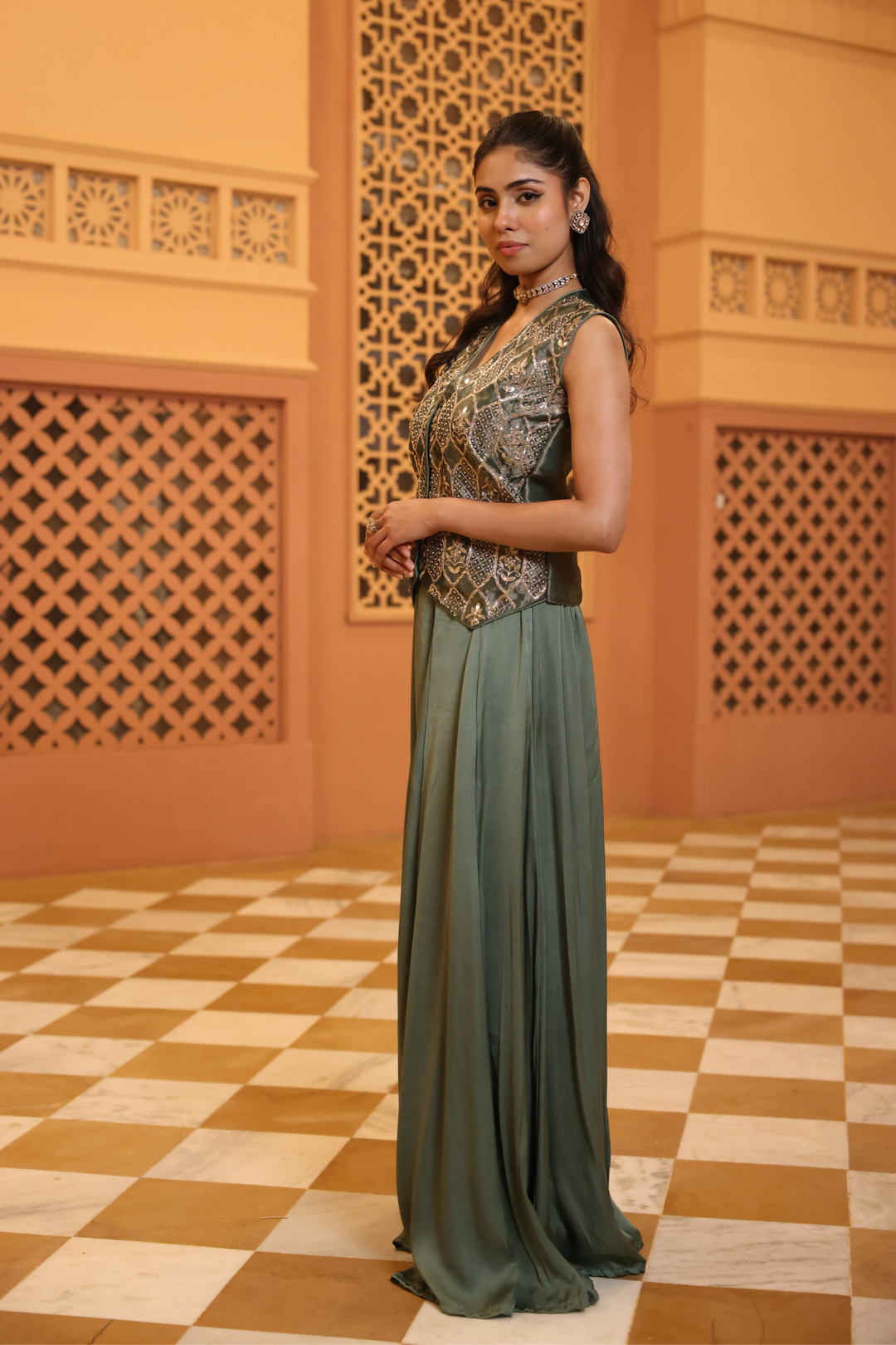 Tissue Indowestern with Aari, Gota Patti, Sequins, Zardozi work.