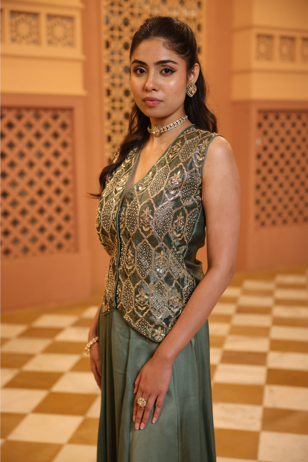 Tissue Indowestern with Aari, Gota Patti, Sequins, Zardozi work.