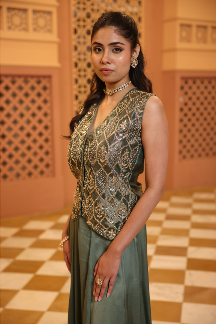 Tissue Indowestern with Aari, Gota Patti, Sequins, Zardozi work.