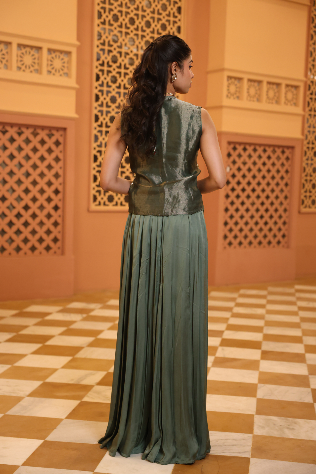 Tissue Indowestern with Aari, Gota Patti, Sequins, Zardozi work.