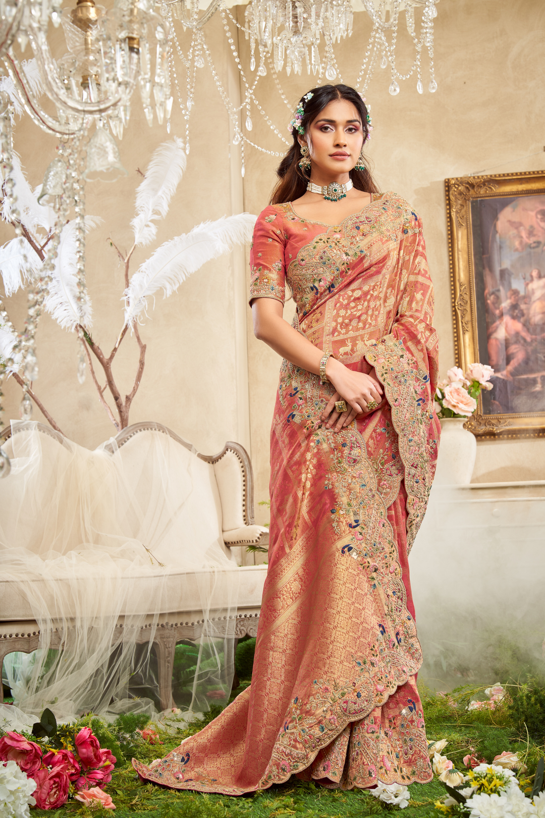 Trendy Peach Tissue Saree