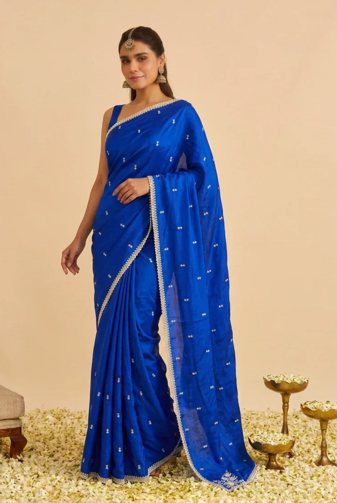Satin silk Saree with Stone, Thread work.