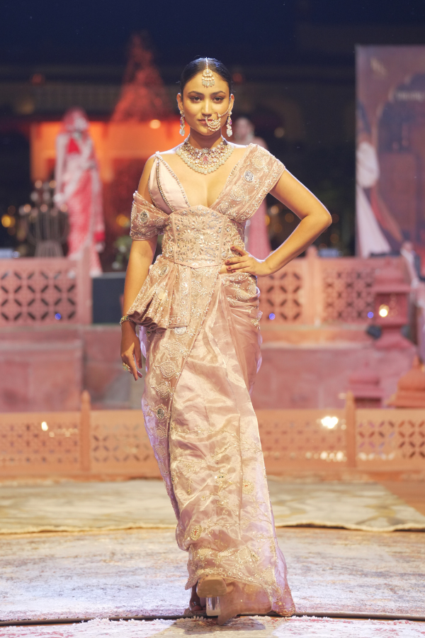 Royal Blush Pink Tissue Organza Saree with Silver Coin Work