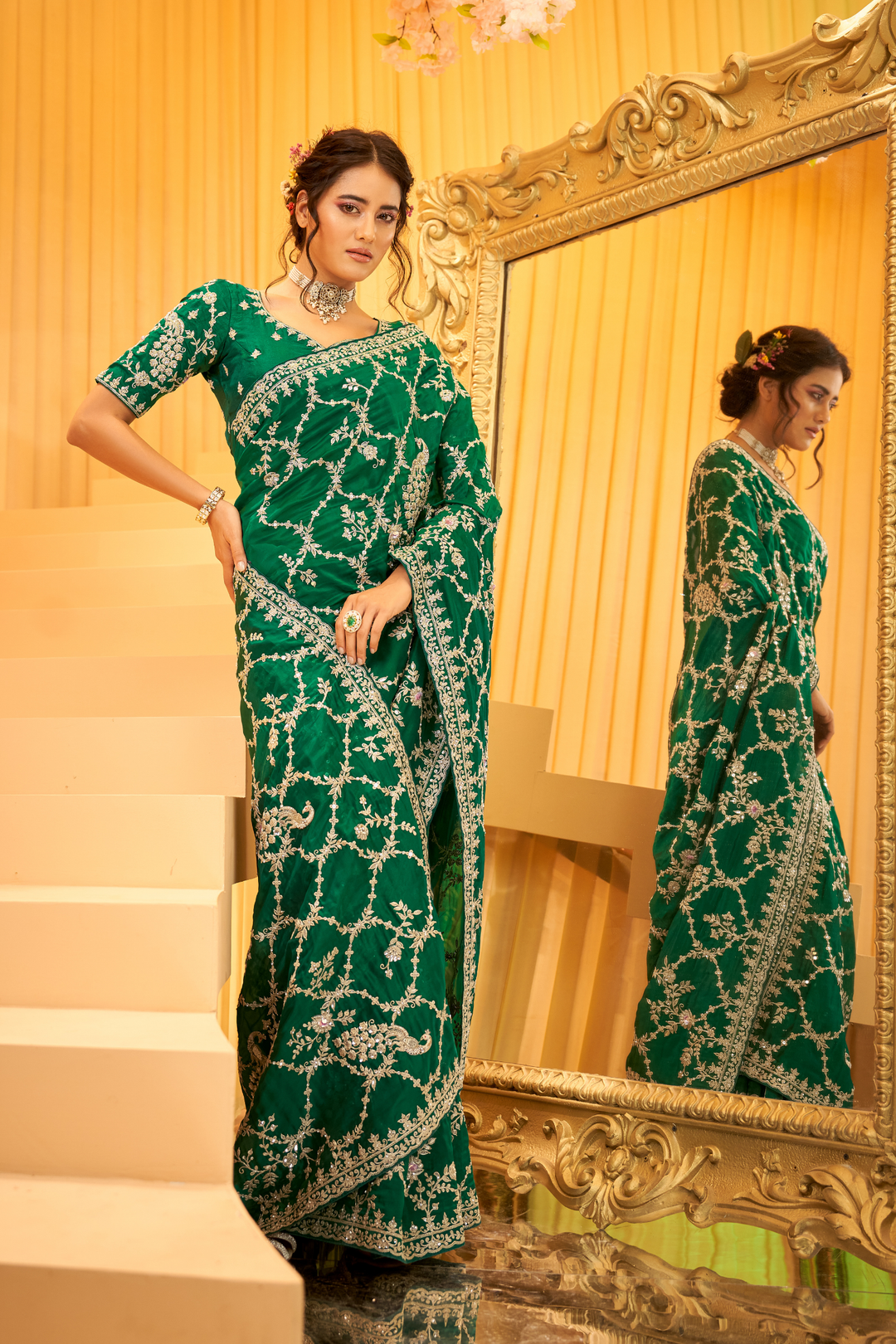 Dark Green Satin Saree