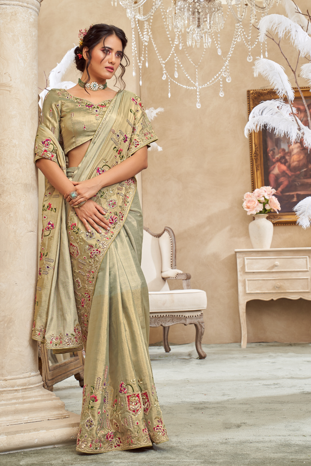 Designer Light Green Tissue Saree