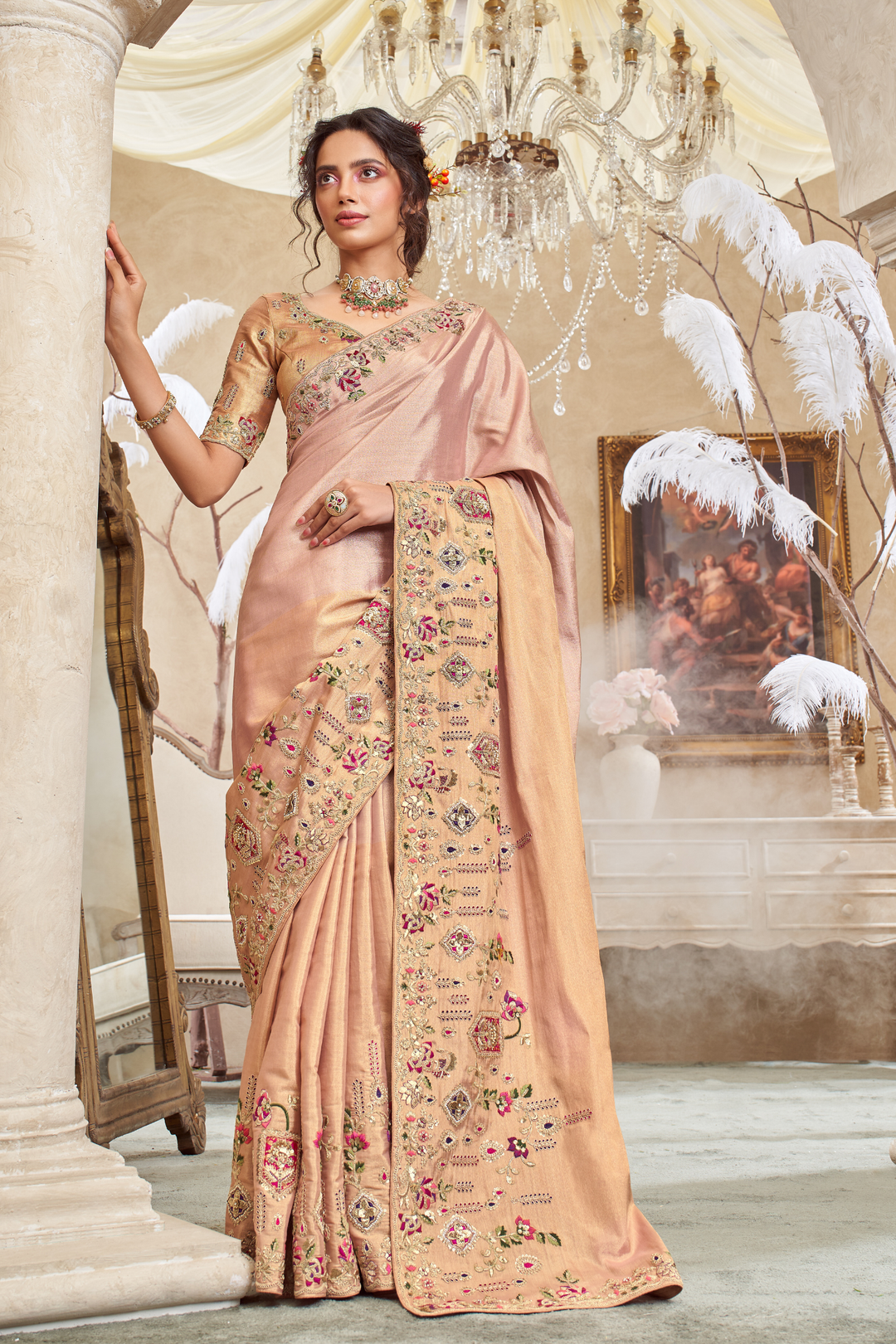 Tissue Saree with Thread Floral Emb work