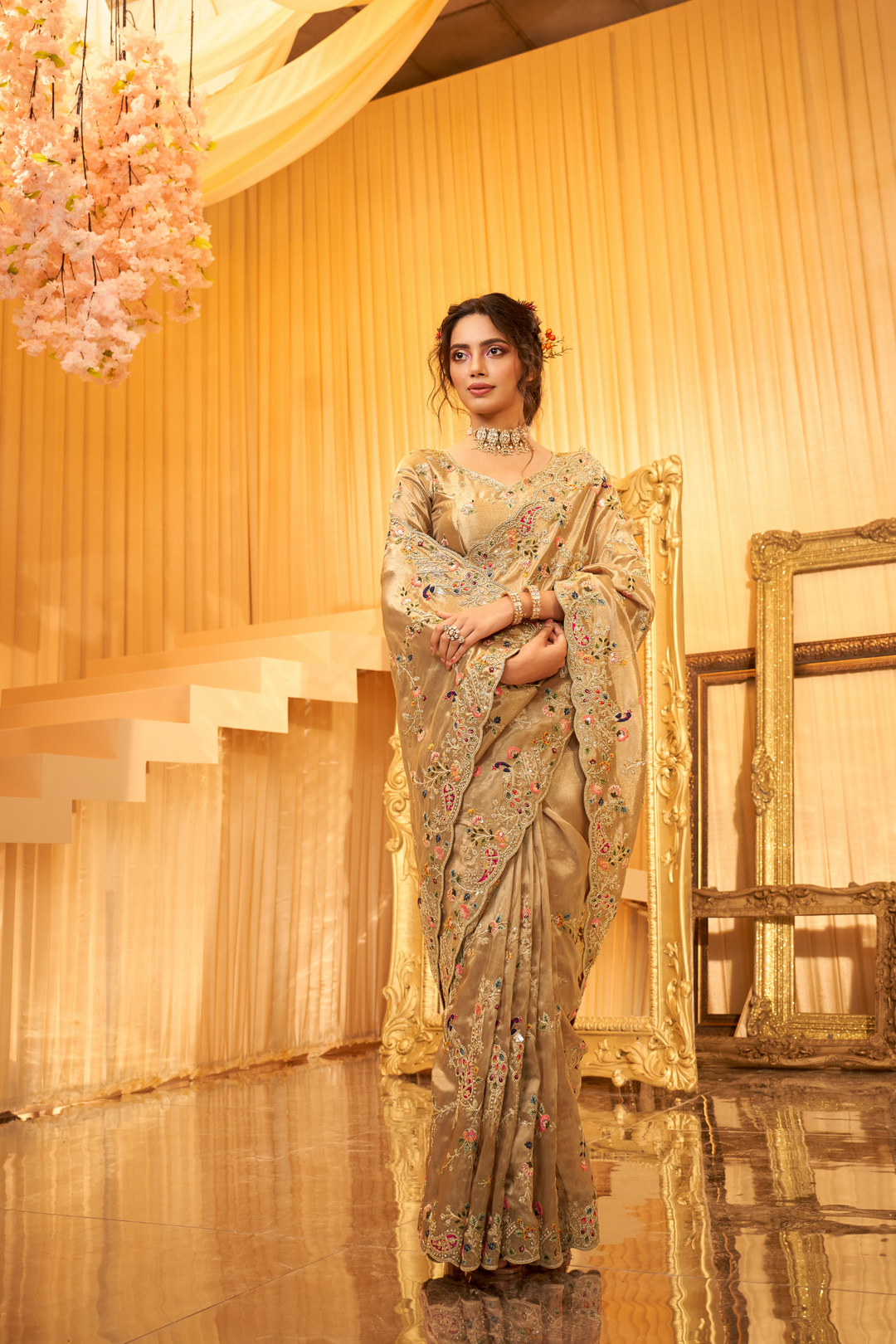Tissue Shimmer Silk Saree with Aari, Sequins, Thread, Zardozi work