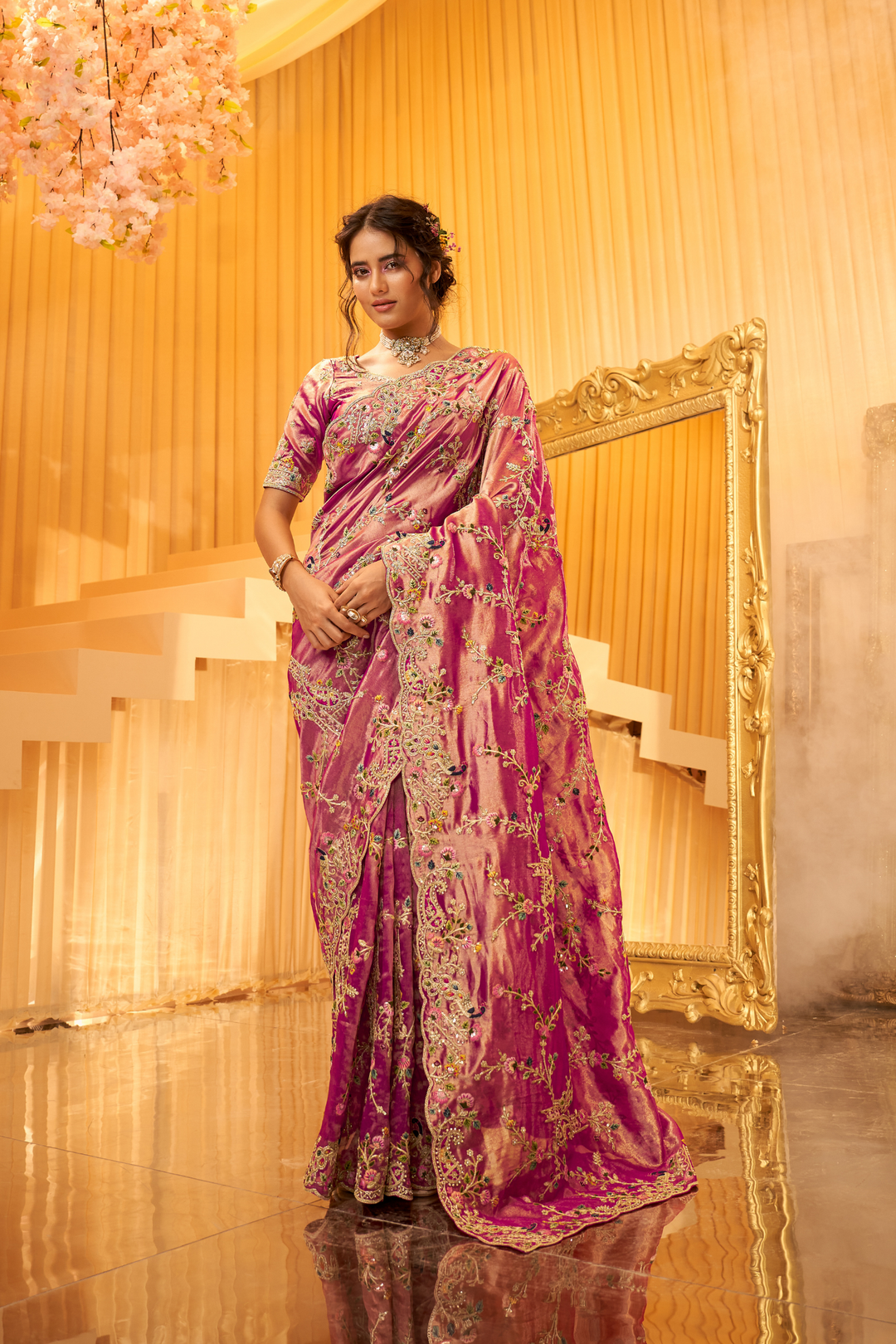 Tissue Shimmer Silk Saree with Aari, Sequins, Thread, Zardozi work
