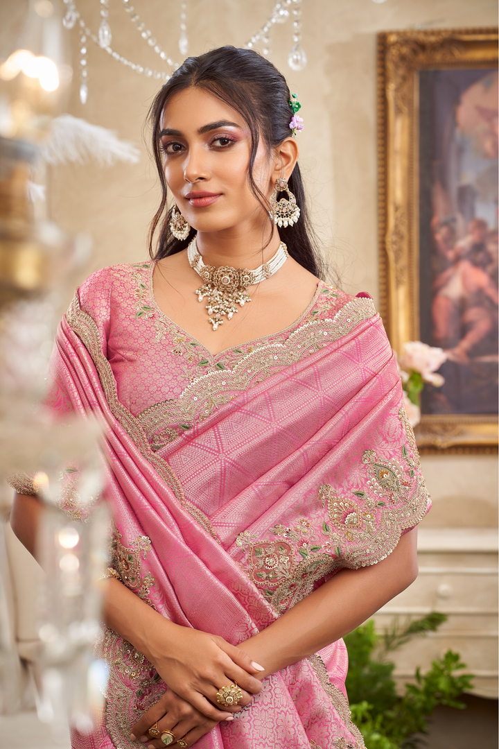Banarasi Dola Silk Saree with Aari, Pearl, Sequins, Thread, Zardozi work