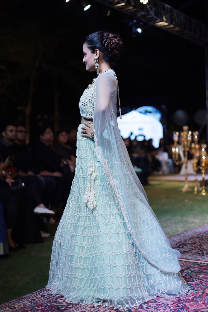 Graceful Net Lehenga Featuring Intricate Pearl Detailing