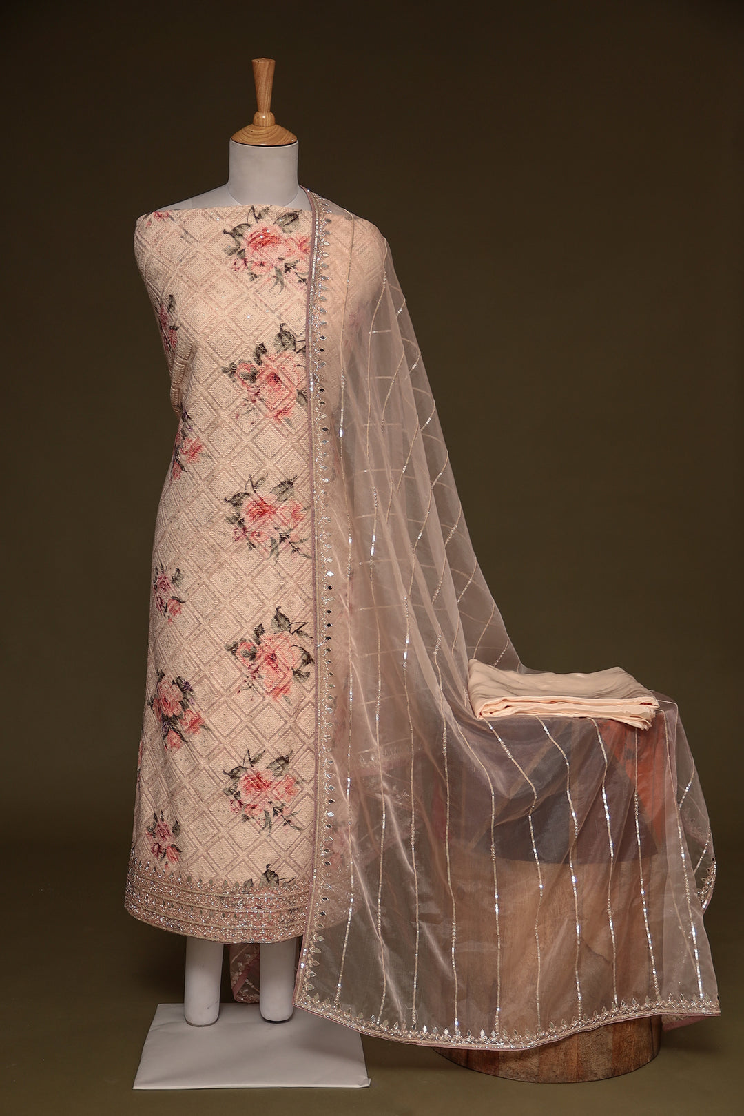 Embroidered Printed Georgette Unstitched Suit Embellishment with Mirror