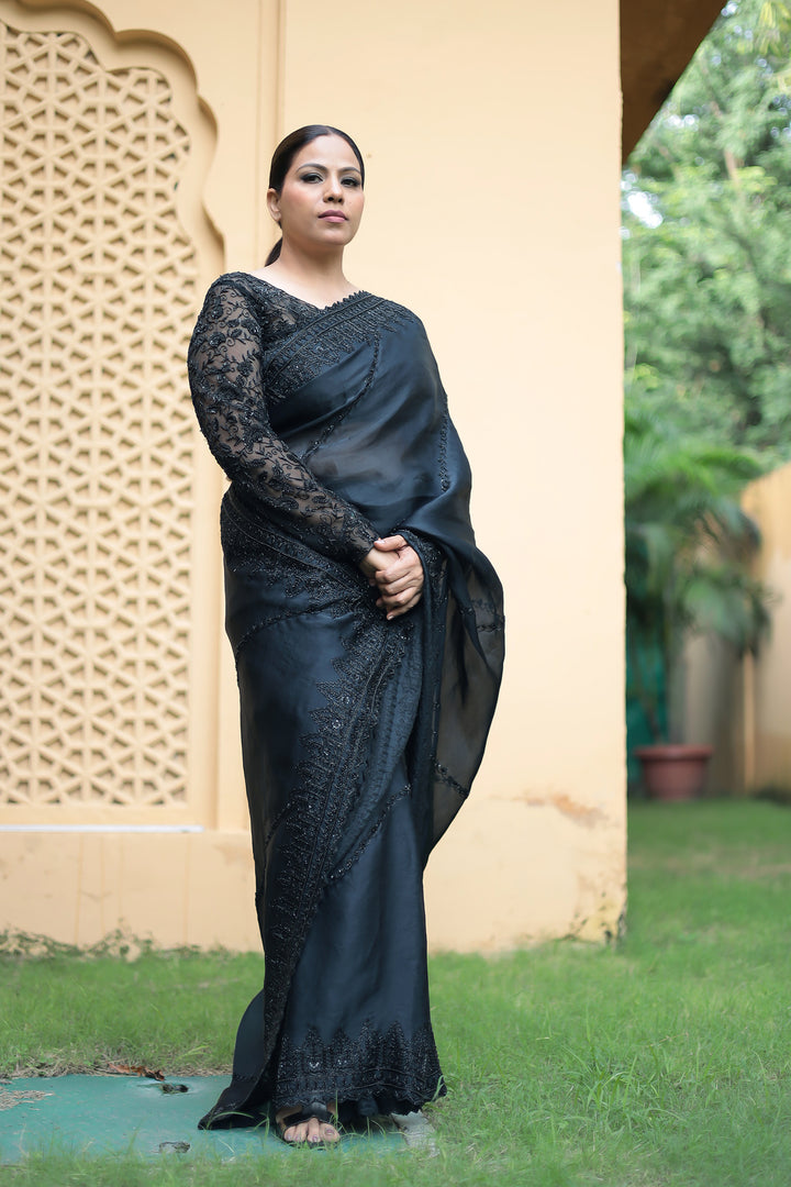 Designer Black Net Saree