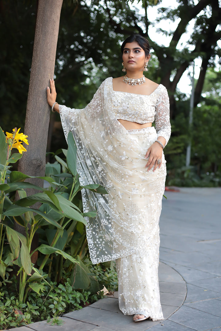 Cream Net Saree Online