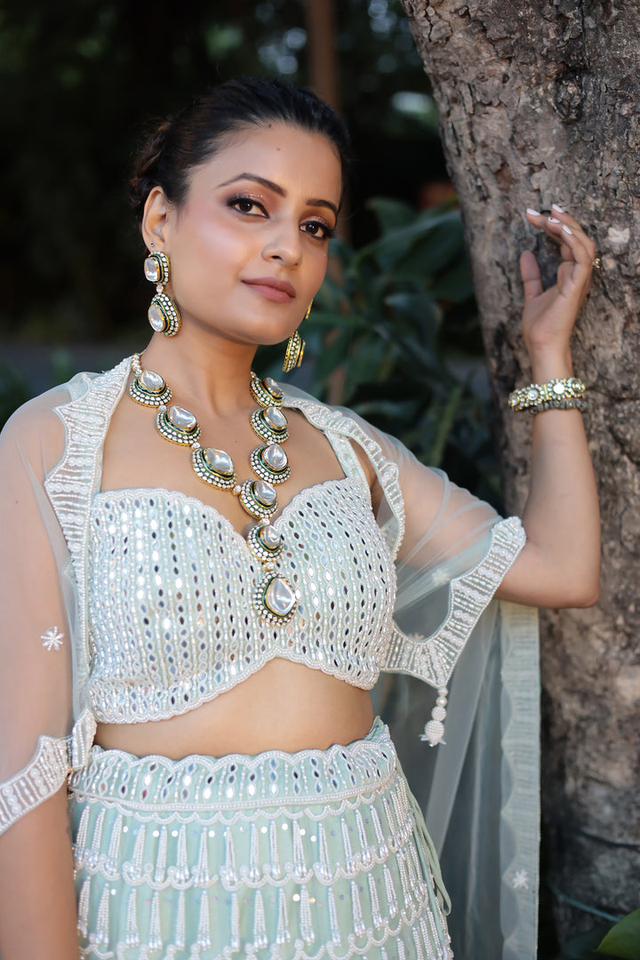 Graceful Net Lehenga Featuring Intricate Pearl Detailing