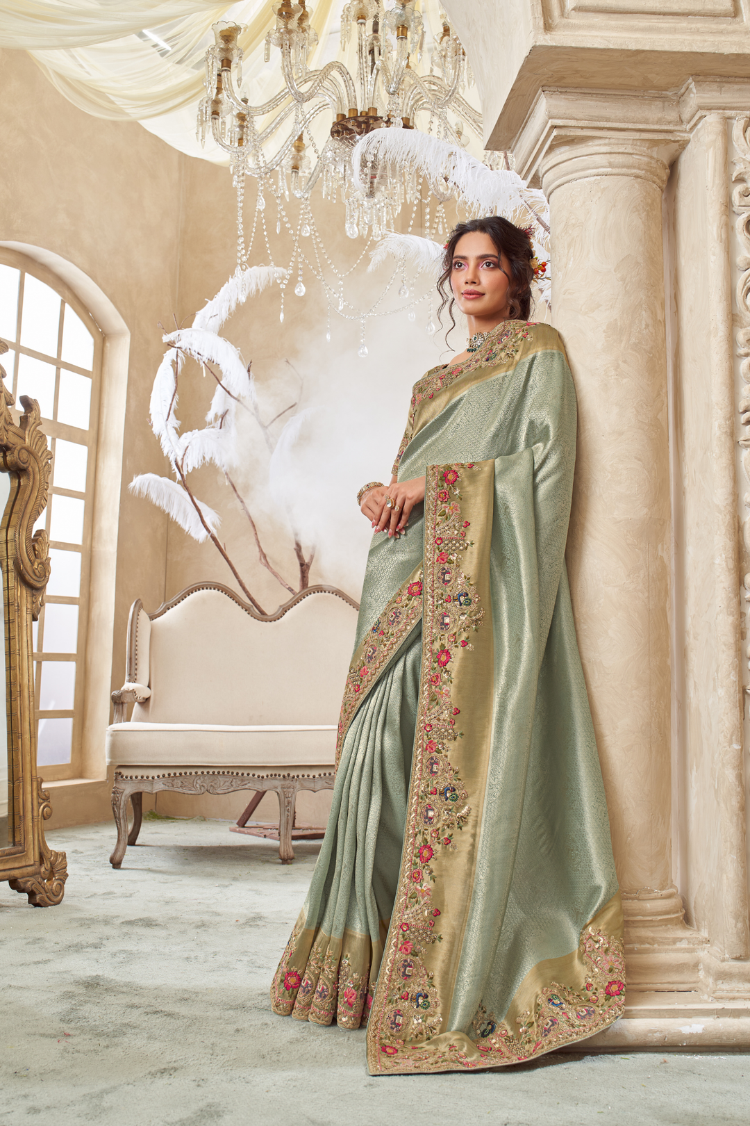 Green Shimmer Tissue Silk Saree