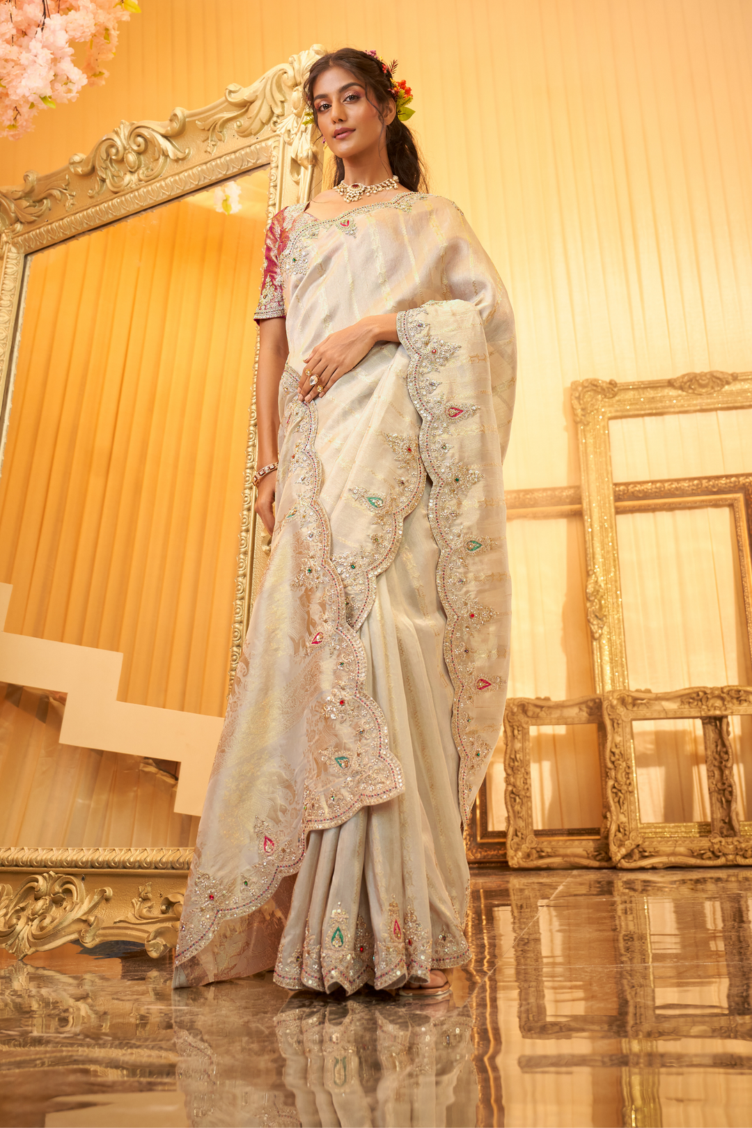 Tissue Saree with Aari, Sequins, Stone, Thread work