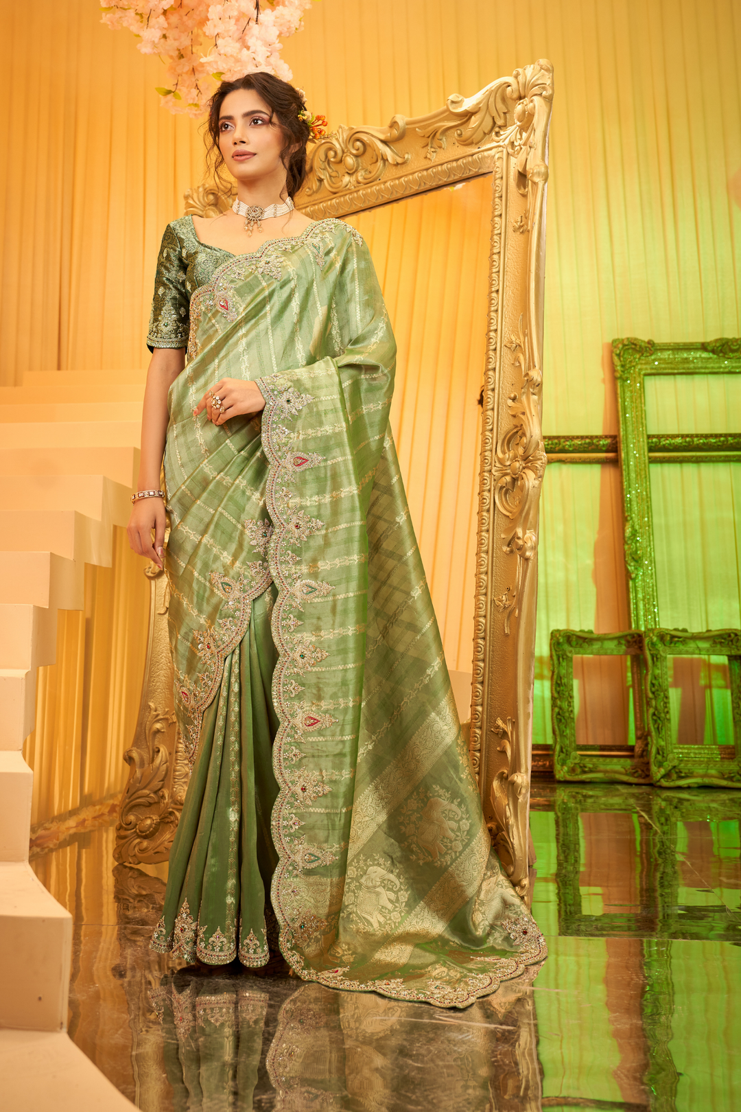 Tissue Saree with Aari, Sequins, Stone, Thread work