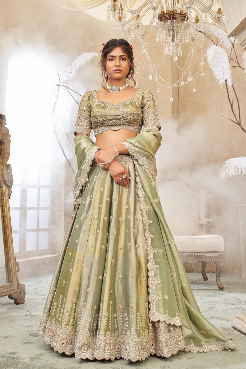 Tissue Lehenga with Aari, Cutdana, Dori, Sequins, Stone, Zardozi work