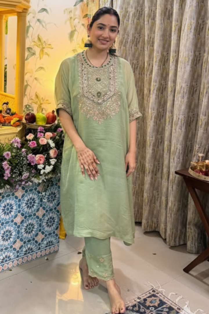 Organza Kaftan Suit with Gota Patti, Pearl and Zardozi work