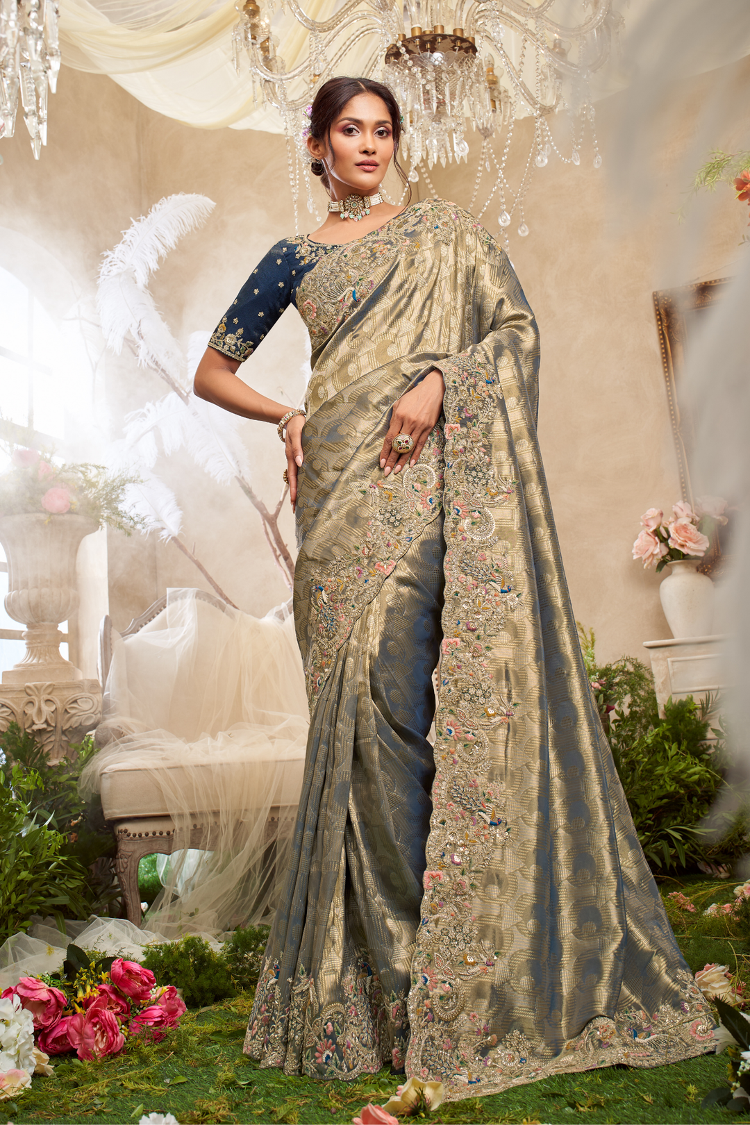 Banarasi Silk Saree with Aari, Sequins, Thread work