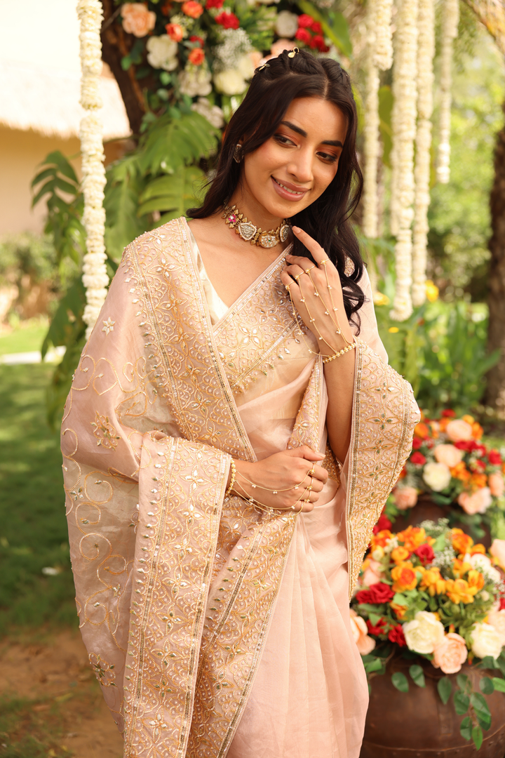 Tissue Saree with Gota, Gota Patti, Sequins work.
