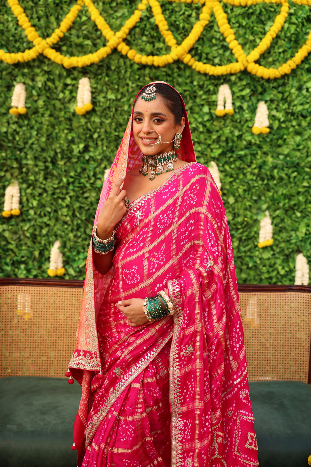 Bandhej Gajji satin Saree with Dori, Gota Patti, Sequins, Zardozi work.
