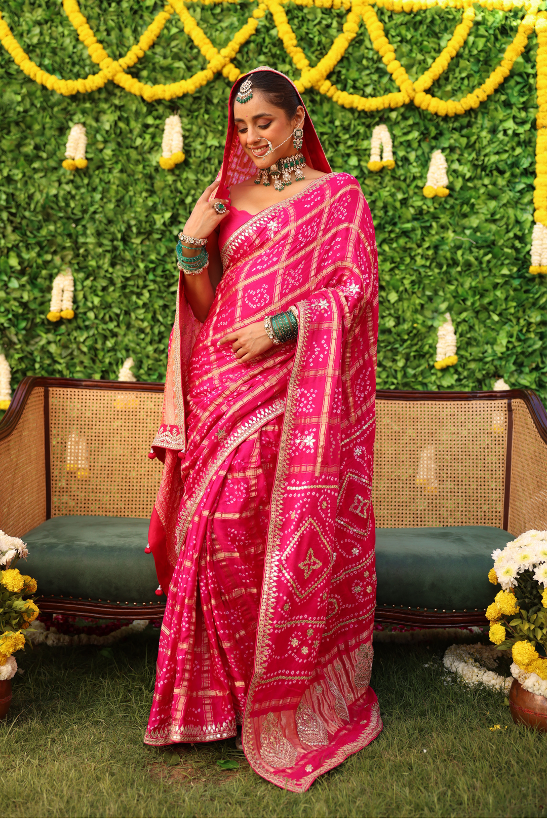 Bandhej Gajji satin Saree with Dori, Gota Patti, Sequins, Zardozi work.