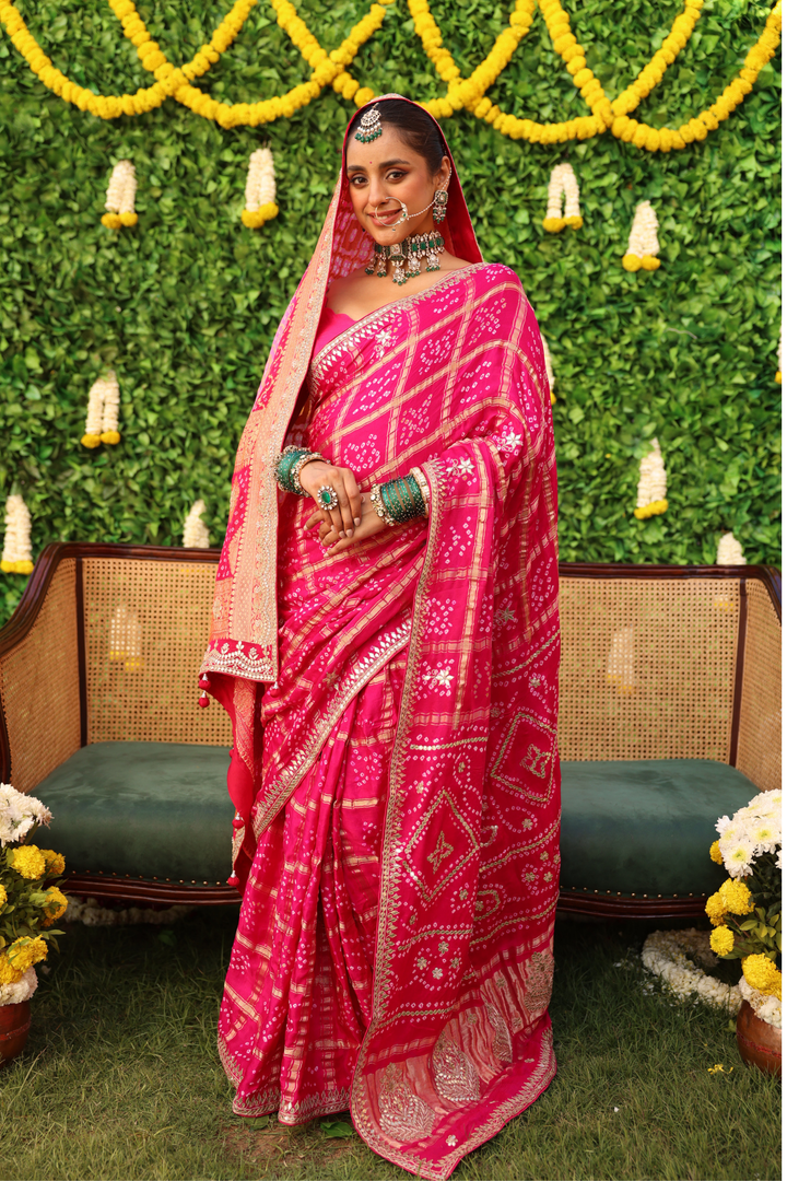 Bandhej Gajji satin Saree with Dori, Gota Patti, Sequins, Zardozi work.