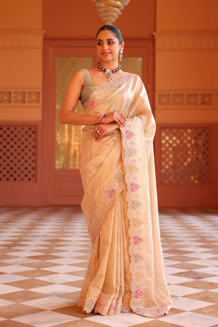 Zari Tissue Saree with Applique Work, Gota Patti, Pearl, Sequins, Zardozi, Zari work.