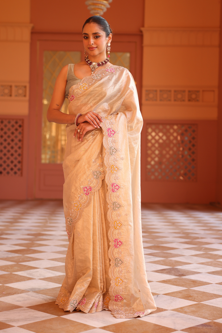 Zari Tissue Saree with Applique Work, Gota Patti, Pearl, Sequins, Zardozi, Zari work.