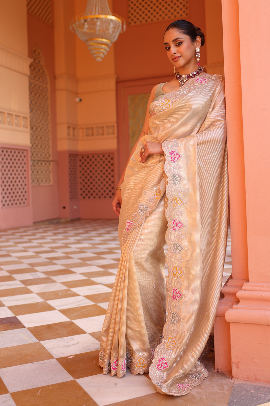 Zari Tissue Saree with Applique Work, Gota Patti, Pearl, Sequins, Zardozi, Zari work.