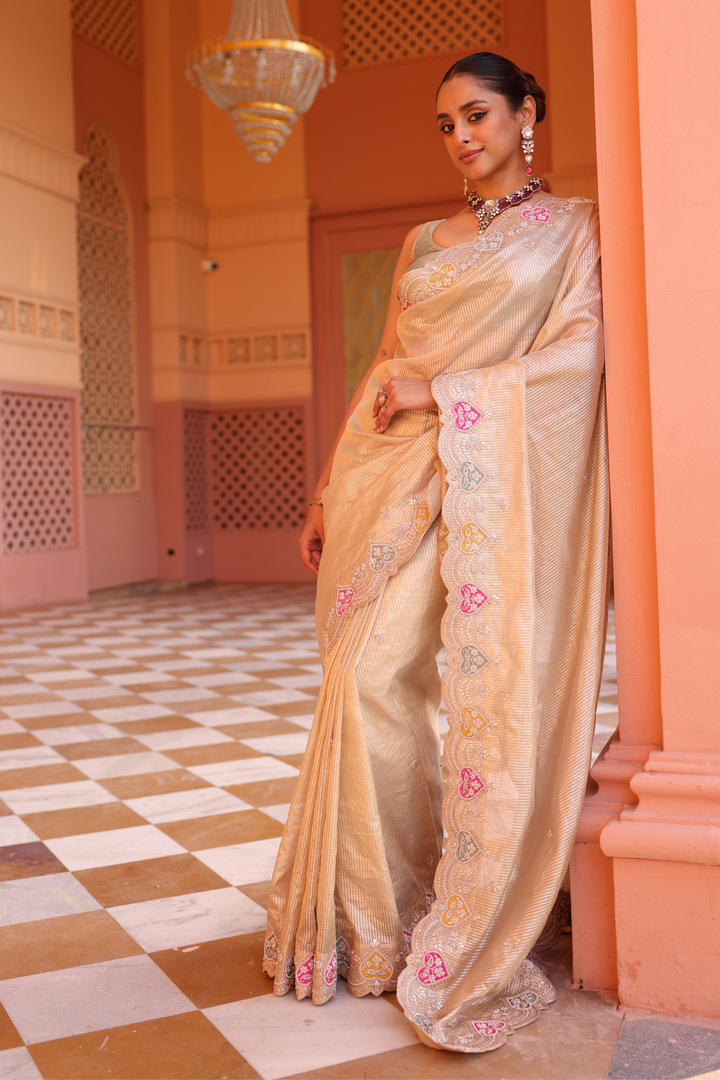 Zari Tissue Saree with Applique Work, Gota Patti, Pearl, Sequins, Zardozi, Zari work.