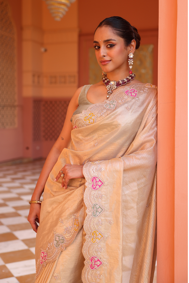 Zari Tissue Saree with Applique Work, Gota Patti, Pearl, Sequins, Zardozi, Zari work.