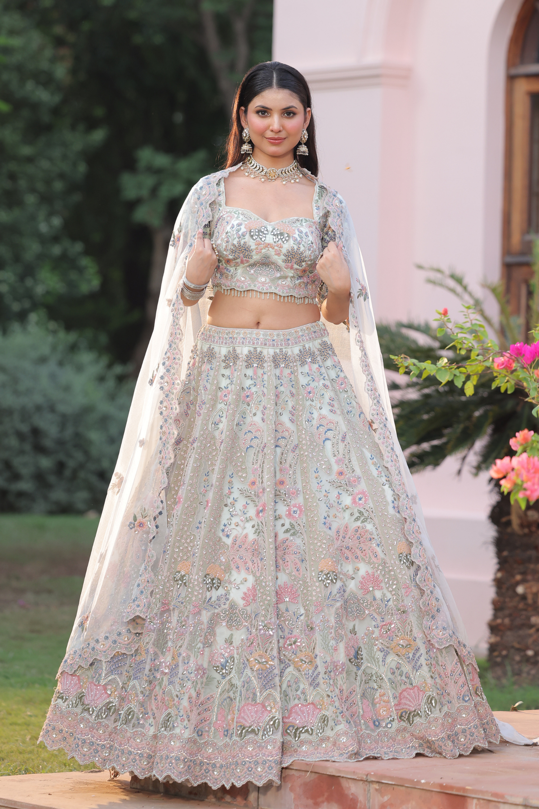 Embroidered White Net Lehenga 