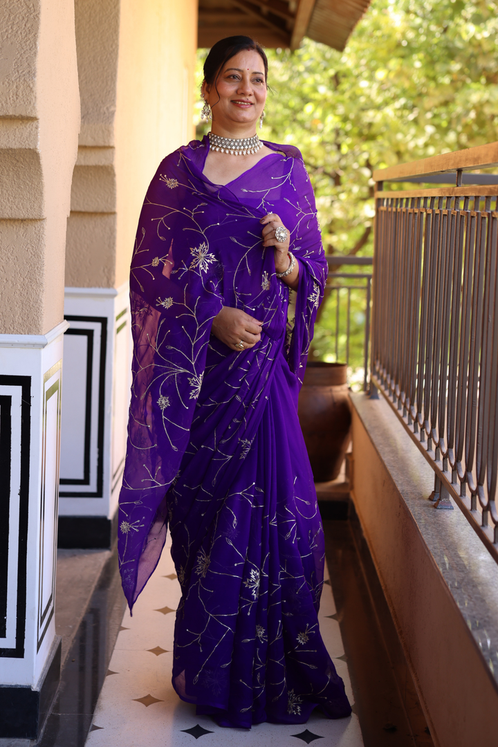 Pure chiffon chinon Saree with Aari, Sequins work.