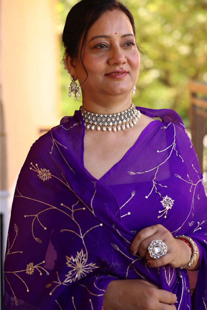 Pure chiffon chinon Saree with Aari, Sequins work.