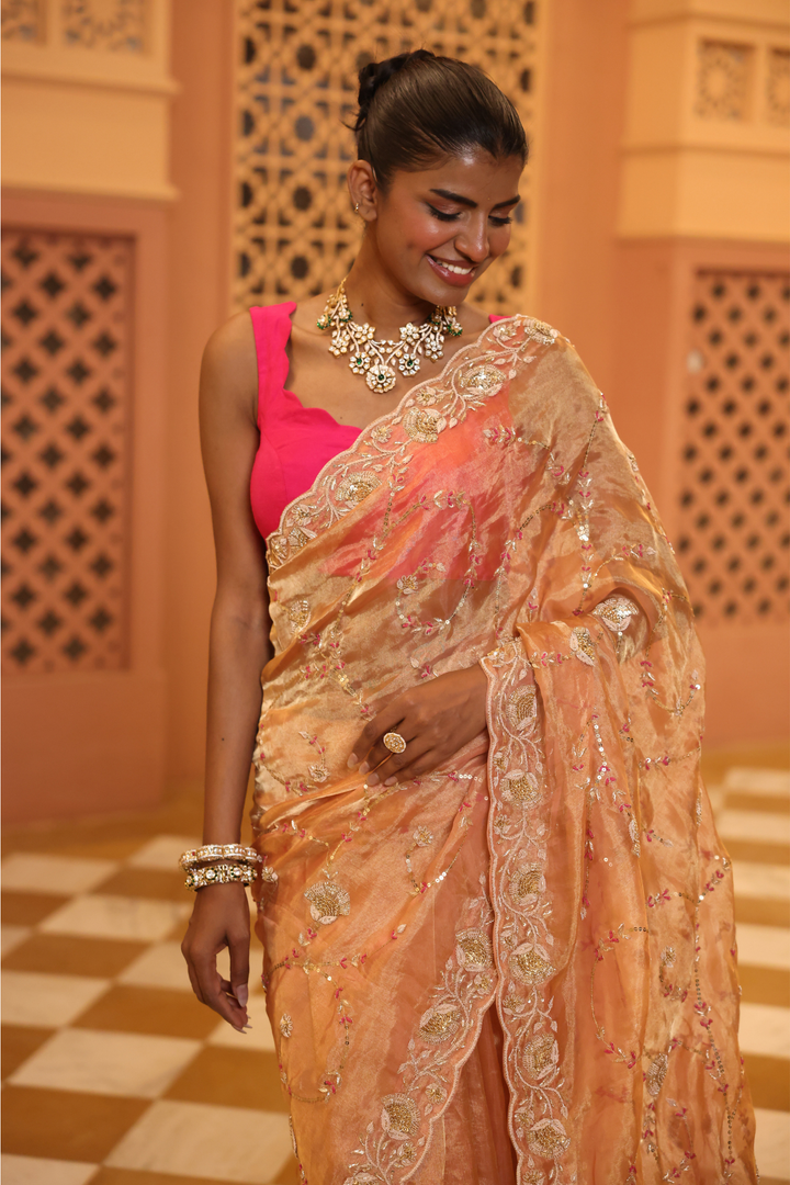 Tissue Saree with Sequins, Thread, Zardozi work.