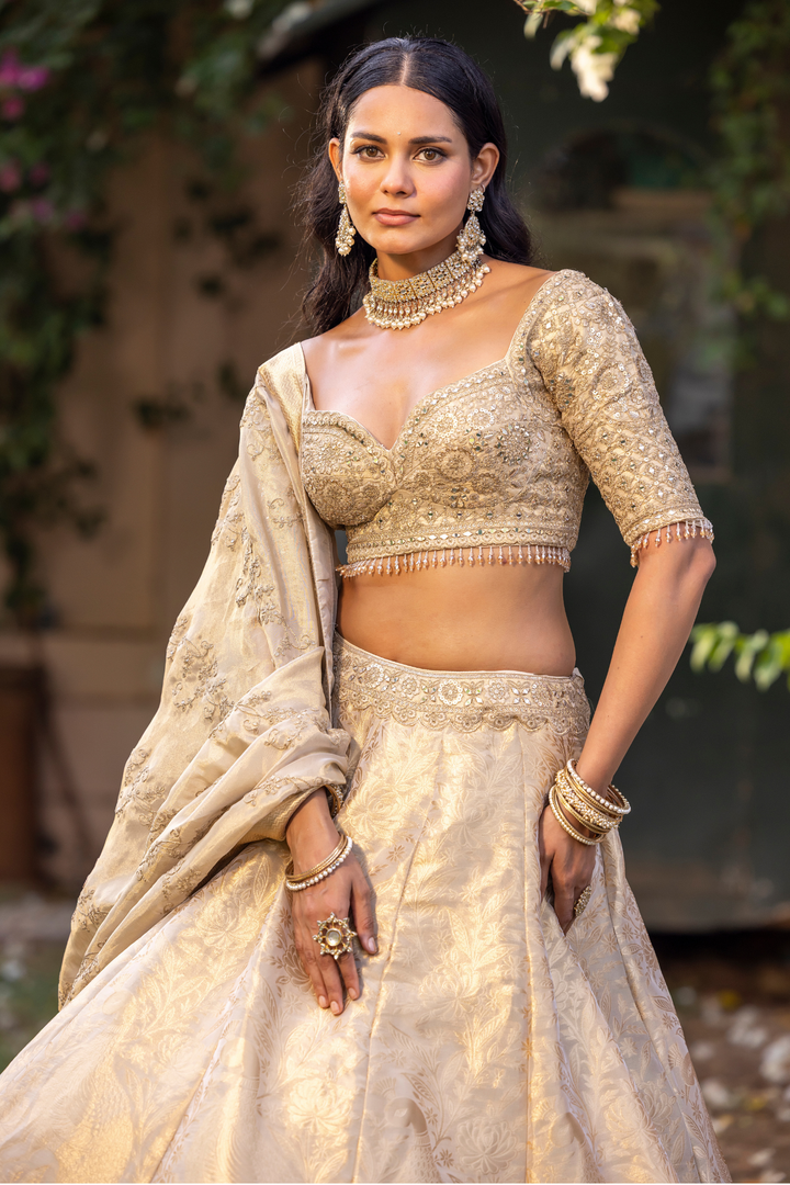 Handloom Banarasi silk Lehenga with  Cutdana, Sequins, Stone, Thread, Zardozi, Zari work
